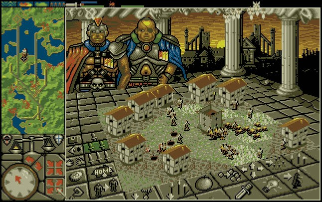A screenshot of Powermonger, for DOS. It is hard to describe what is happening, such is the nature of this game's interface. An isometric viewing window shows a group of warriors ransacking a village, while two large generals stand in the background, looking down on the viewing window as if they were gods inspecting a tabletop model of the world.