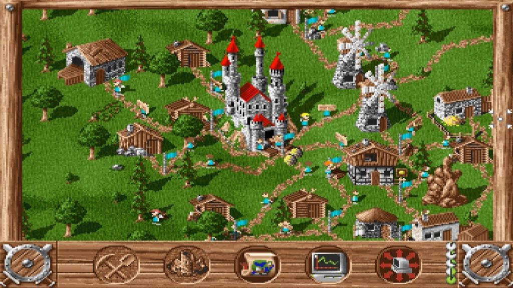A screenshot of The Settlers, for DOS. A German-coded strategy and management game, in which the core gameplay is to develop an efficient goods transport network within your empire.