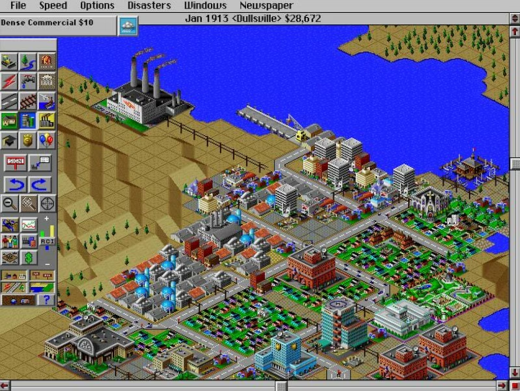 A screenshot of SimCity 2000 for DOS. It is the year 1913 and a young town is taking root next to a river bend. A coal power plant can be seen a short distance away, belching columns of smoke into the air.