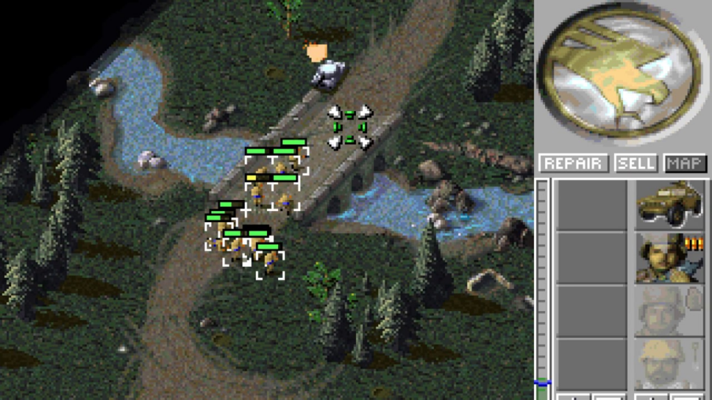 A screenshot of Command & Conquer. A group of GDI soldiers in their standard beige uniforms perform a risky bridge crossing while being attacked by a light tank, in the perfidious blue paint scheme of the Brotherhood of NOD.