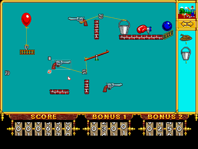 A screenshot of an early level from The Incredible Machine. We are looking at a half-built Rube Goldberg machine featuring a bowling ball, two buckets, three pistols and lots of rope. I think the objective is to make all three pistols fire, but the solution presented is incomplete.