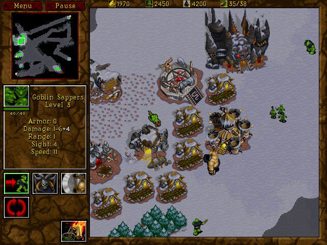A screenshot from Warcraft 2. A large, disembodied hand hovers over a collection of pig farms and other orcish buildings. An ogre-mage surveys the horizon in contemplation while an orc labourer chops down a tree.