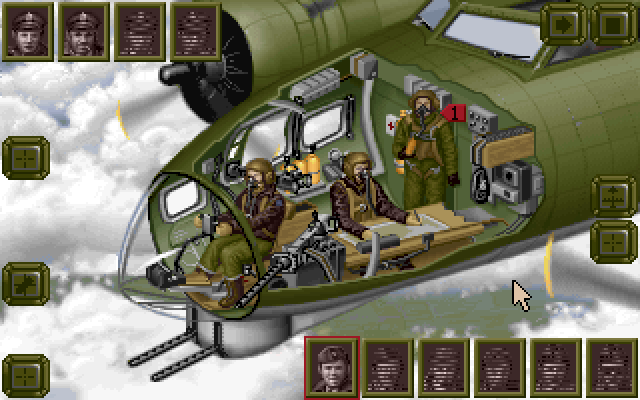 A screenshot of B-17 Flying Fortress, for DOS. This particular view is a nice 2D cross-section diagram of the nose of the aircraft, while flying over a cloudscape - we see a bombardier, a navigator, and another airman in position. 