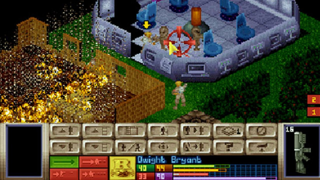 A screenshot from the original X-Com: Enemy Unknown for DOS. A soldier identified in the UI as "Dwight Bryant" takes aim at a small, grey, bobble-headed alien in a crashed, silver spaceship. A nearby building appears to be on fire.