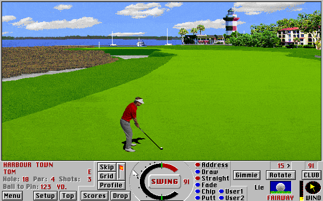 A screenshot of Links 386 for DOS. A golfer - digitally rotoscoped from video perhaps, but compressed into a limited colour palette - prepares to take a shot from the fairway using a 9-Iron.