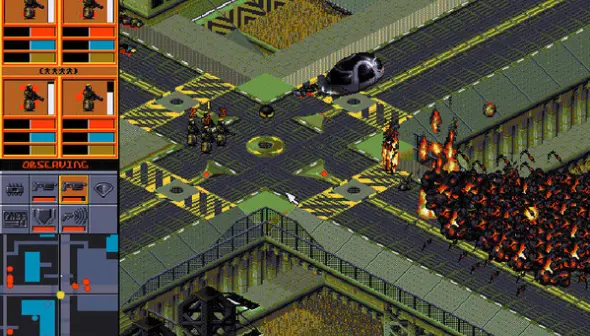 A screenshot of Syndicate, for DOS. A team of four cybernetically-enhanced private security agents stand on an urban intersection, while one of their number appears to be torching a section of the sidewalk with a flamethrower. A sleek, silver hovercar waits patiently at the stop light.