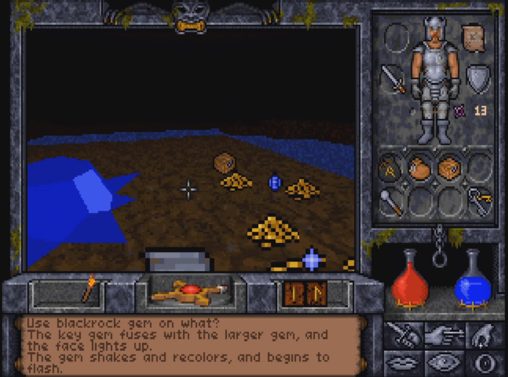 A screenshot from Ultima Underworld 2 for DOS. The main panel shows a first-person view of a dark room, with treasure scattered across the floor. Other UI panels show a paperdoll equipment inventory, the character's remaining health and mana, and a text log of recent actions and events.