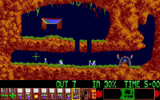 A screenshot of level one of Lemmings. The lemmings have successfully dug down to the lower half of the map, but 7 of them have yet to reach the exist.