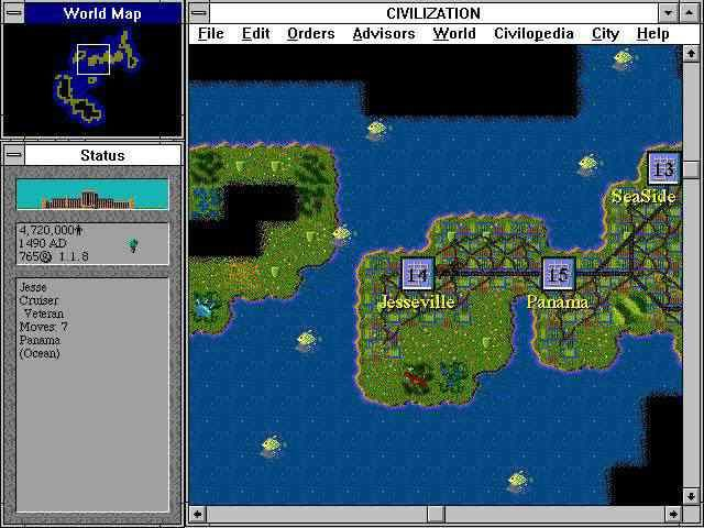 A screenshot of Sid Meier's Civilization for Windows. A chain of mid-sized cities stretch across a westward peninsula, connected by railroads and farmland.